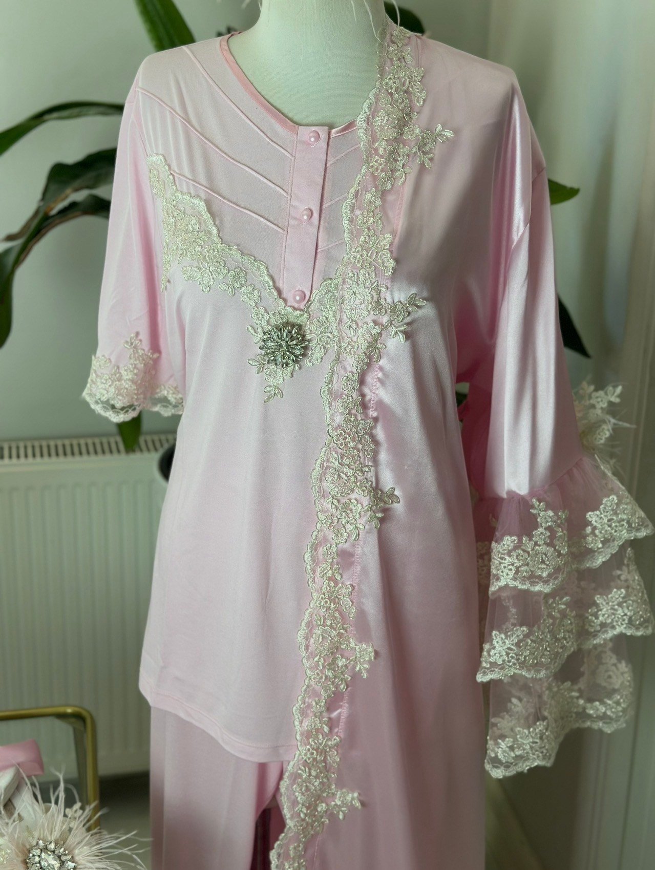 Pembe Premium Lohusa sabahlık ve pijama takımı