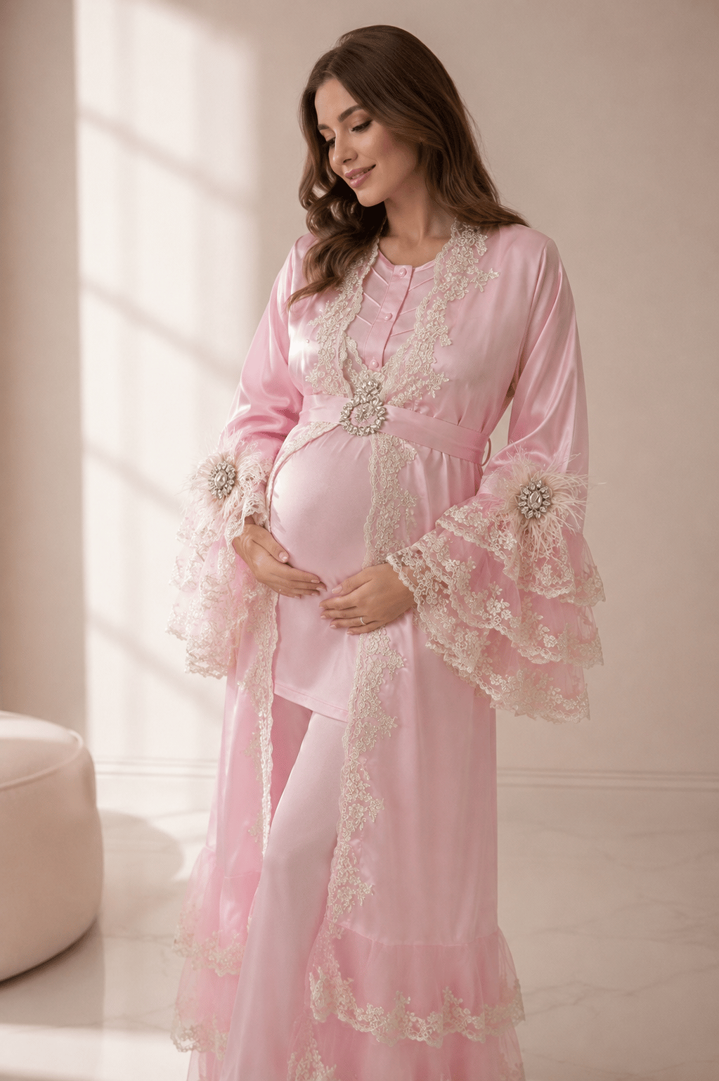 Pembe Premium Lohusa sabahlık ve pijama takımı