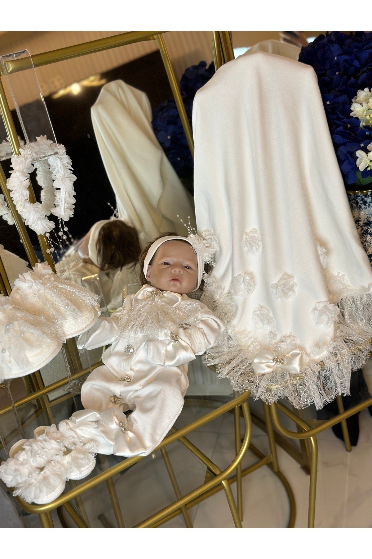 Premium Koleksiyon Anne Bebek Hastane çıkışı Seti -Terlik taç-Tulum takım-Battaniye-Bebek ayakkabı bant