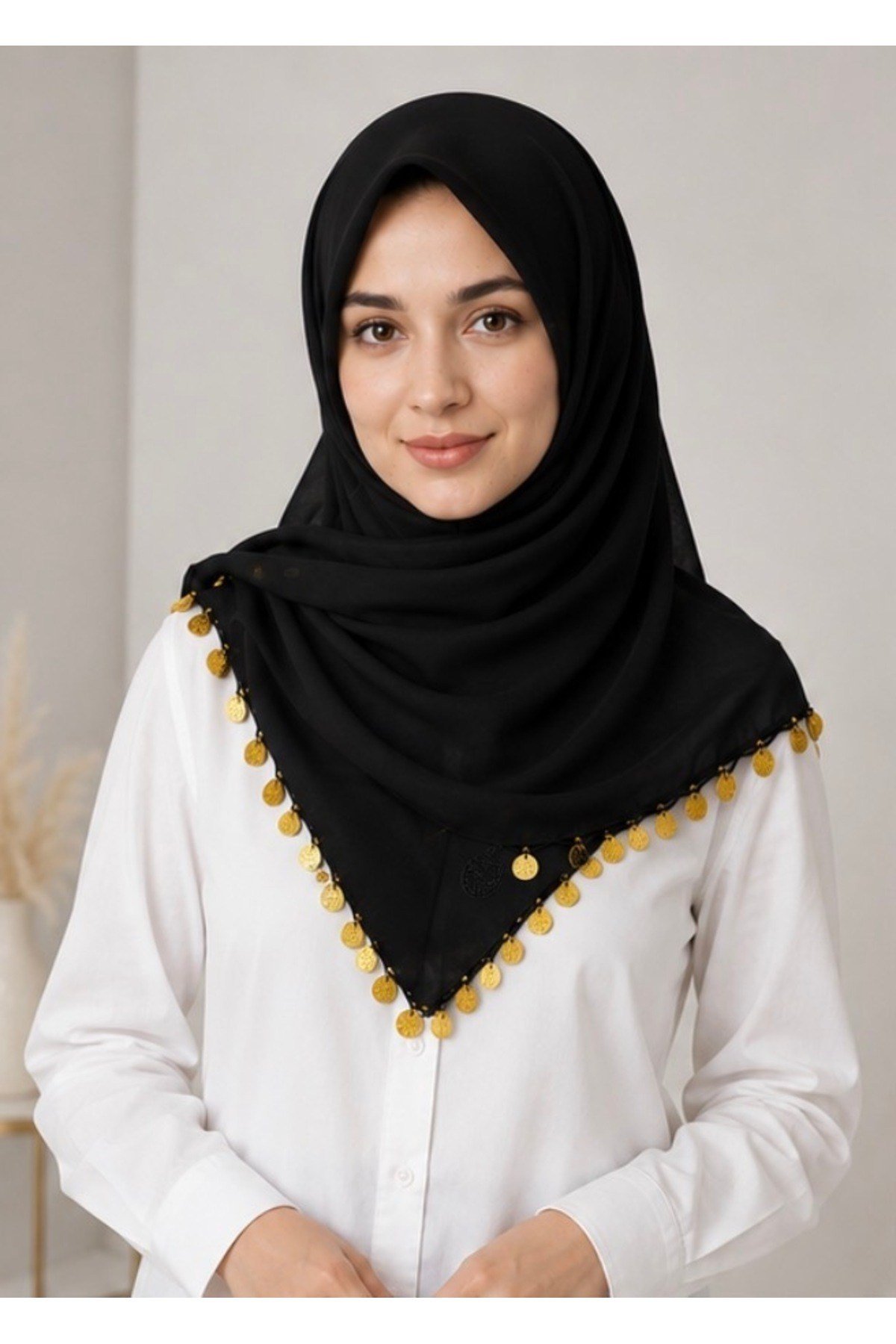 Siyah-Gold pul detaylı pamuklu Tülbent-Çeyiz-Bohça-Mevlüt-günlük kullanıma uygun.