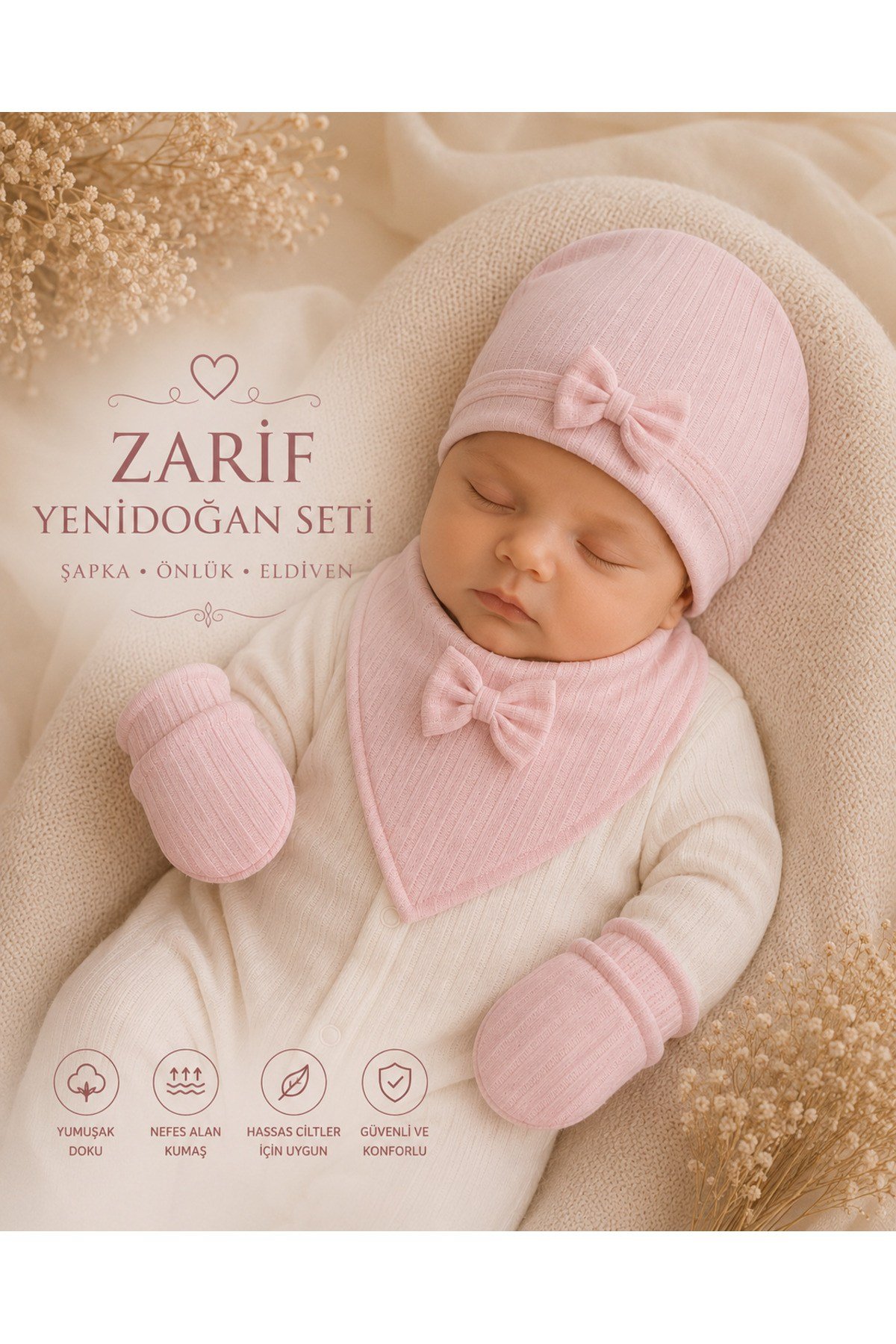 Yenidoğan Şapka Önlük Eldiven Seti- Pembe %100 pamuklu