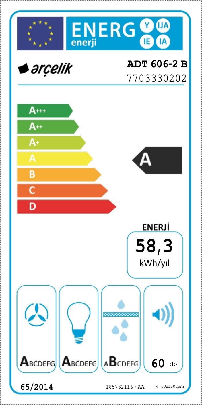 Arçelik ADT 606-2 B Fibona Serisi Ankastre Duvar Tipi Davlumbaz