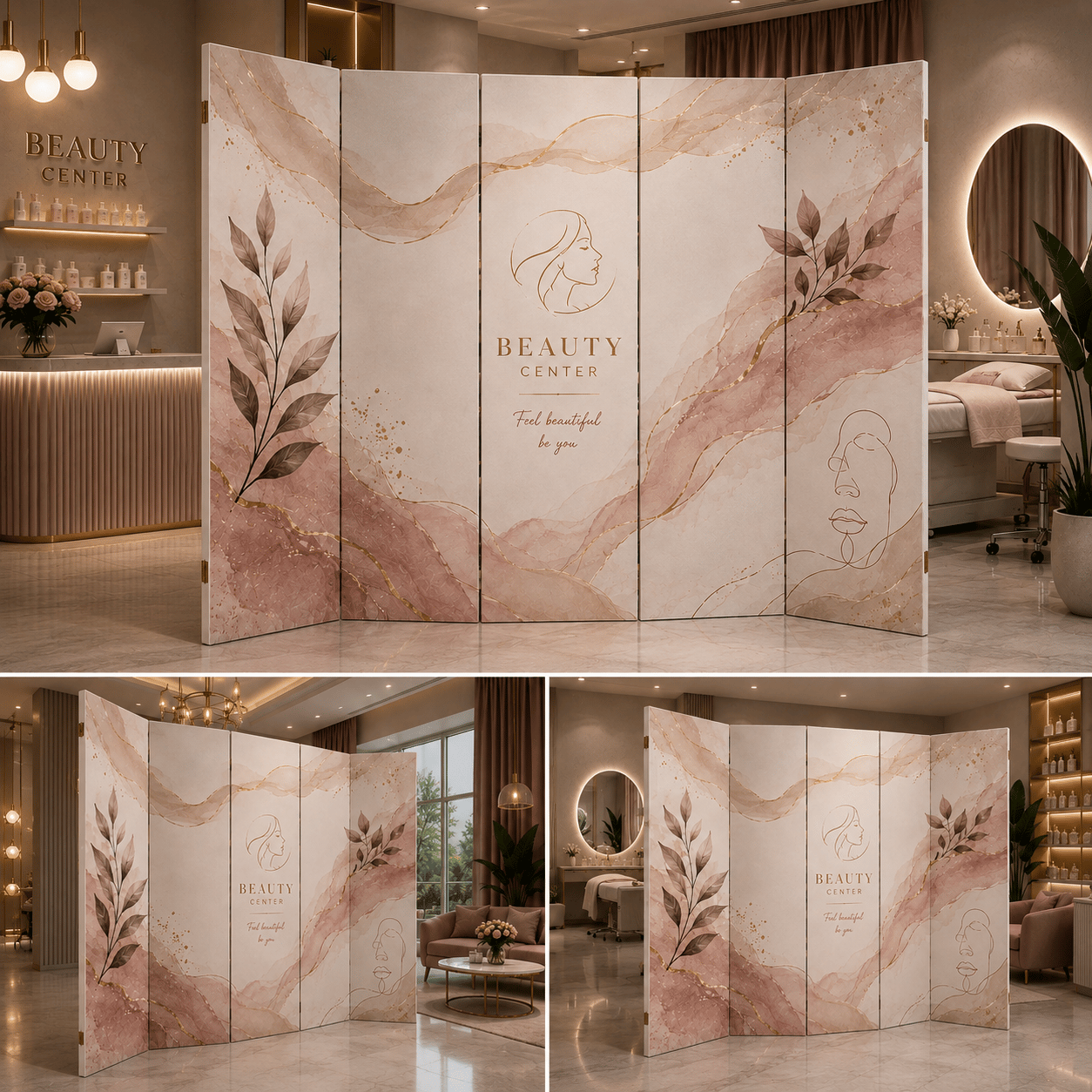 Beauty Center Pudra Mermer Desenli Dekoratif Paravan – Güzellik Salonu Oda Bölücü