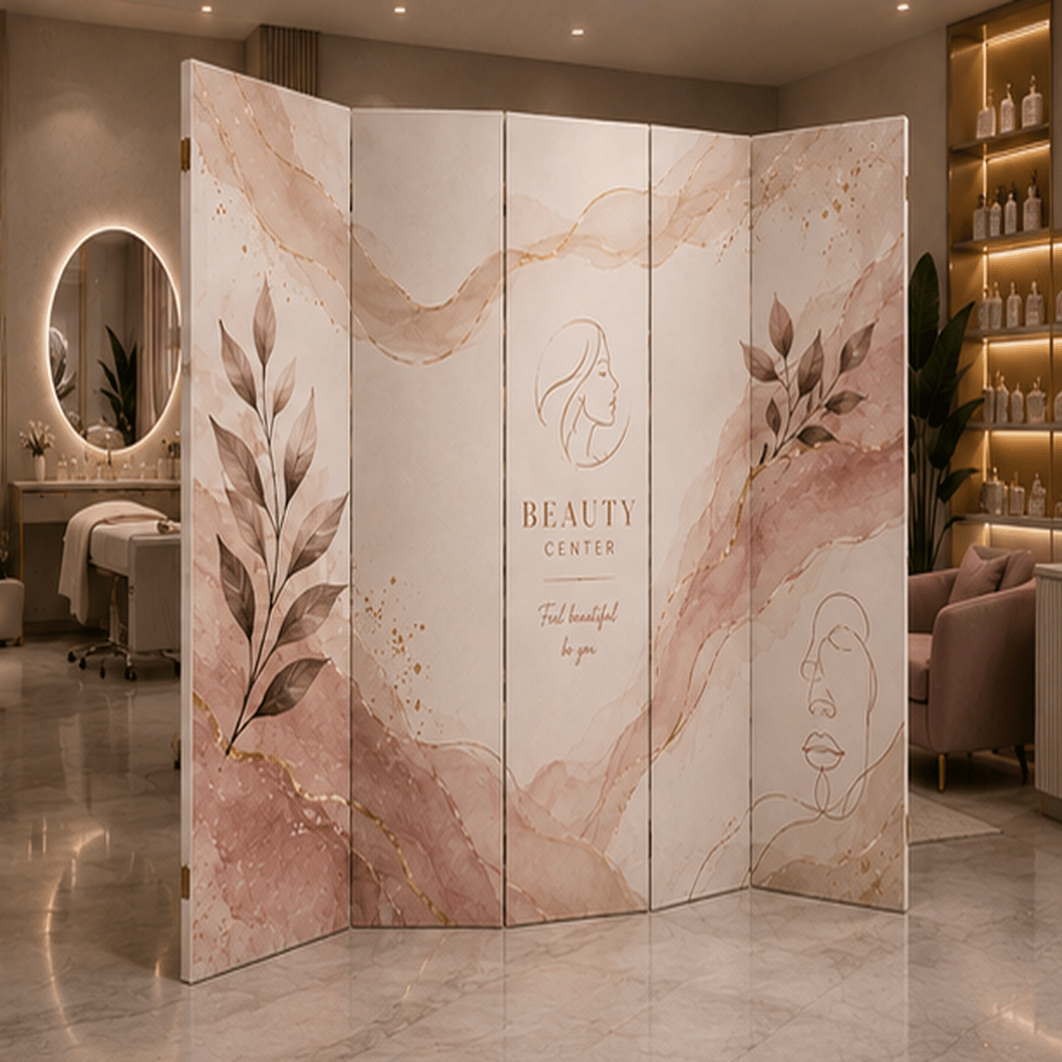 Beauty Center Pudra Mermer Desenli Dekoratif Paravan – Güzellik Salonu Oda Bölücü