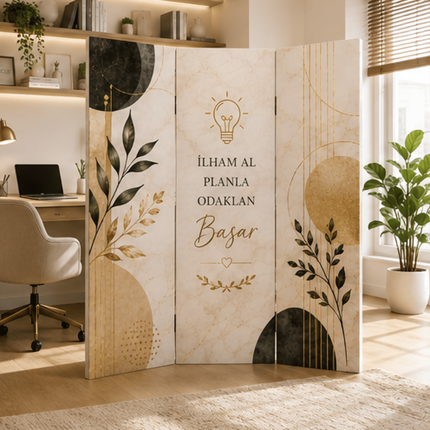 Çalışma Köşesi Temalı Dekoratif Paravan – Modern Home Office Oda Bölücü