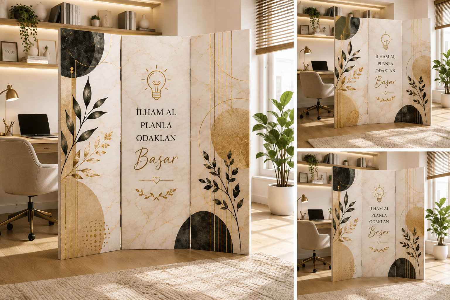 Çalışma Köşesi Temalı Dekoratif Paravan – Modern Home Office Oda Bölücü