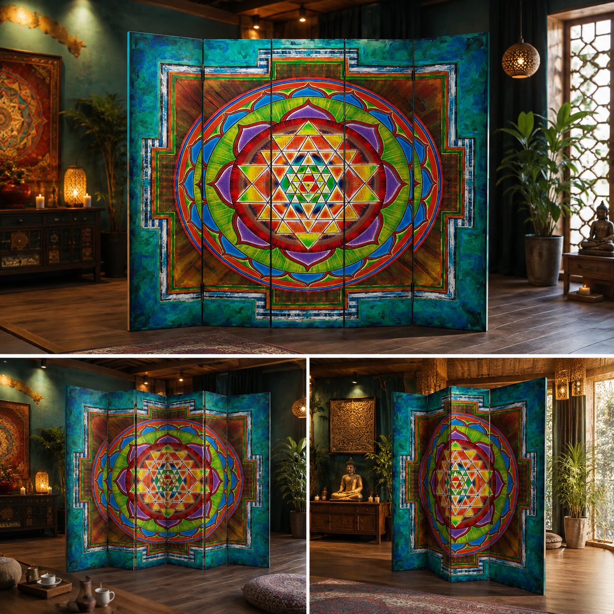DBSanat Sri Yantra Mandala Baskılı 5 Kanat Dekoratif Paravan – Oda Bölücü & Seperatör