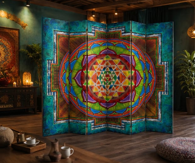 DBSanat Sri Yantra Mandala Baskılı 5 Kanat Dekoratif Paravan – Oda Bölücü & Seperatör