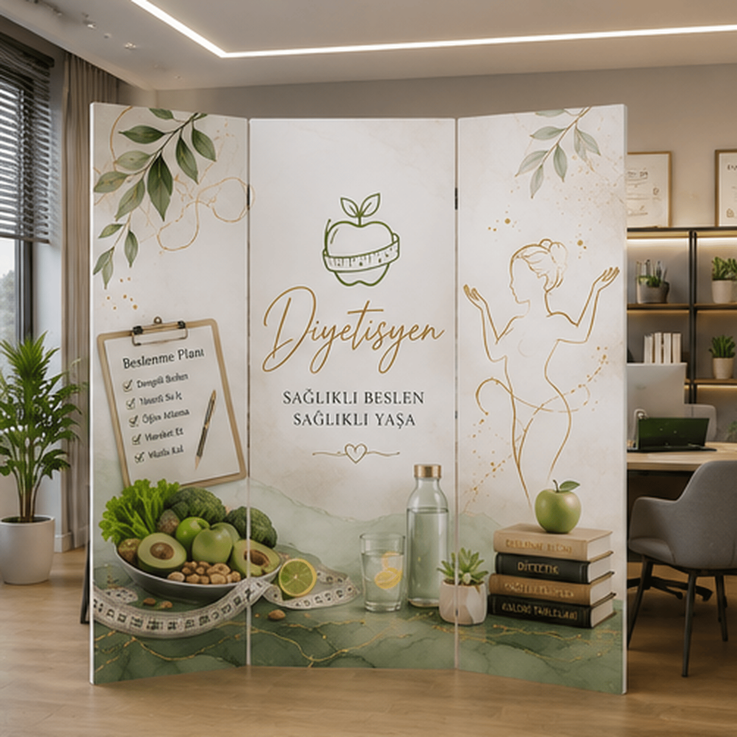 Diyetisyen Temalı Dekoratif Paravan – Sağlıklı Beslenme ve Wellness Oda Bölücü