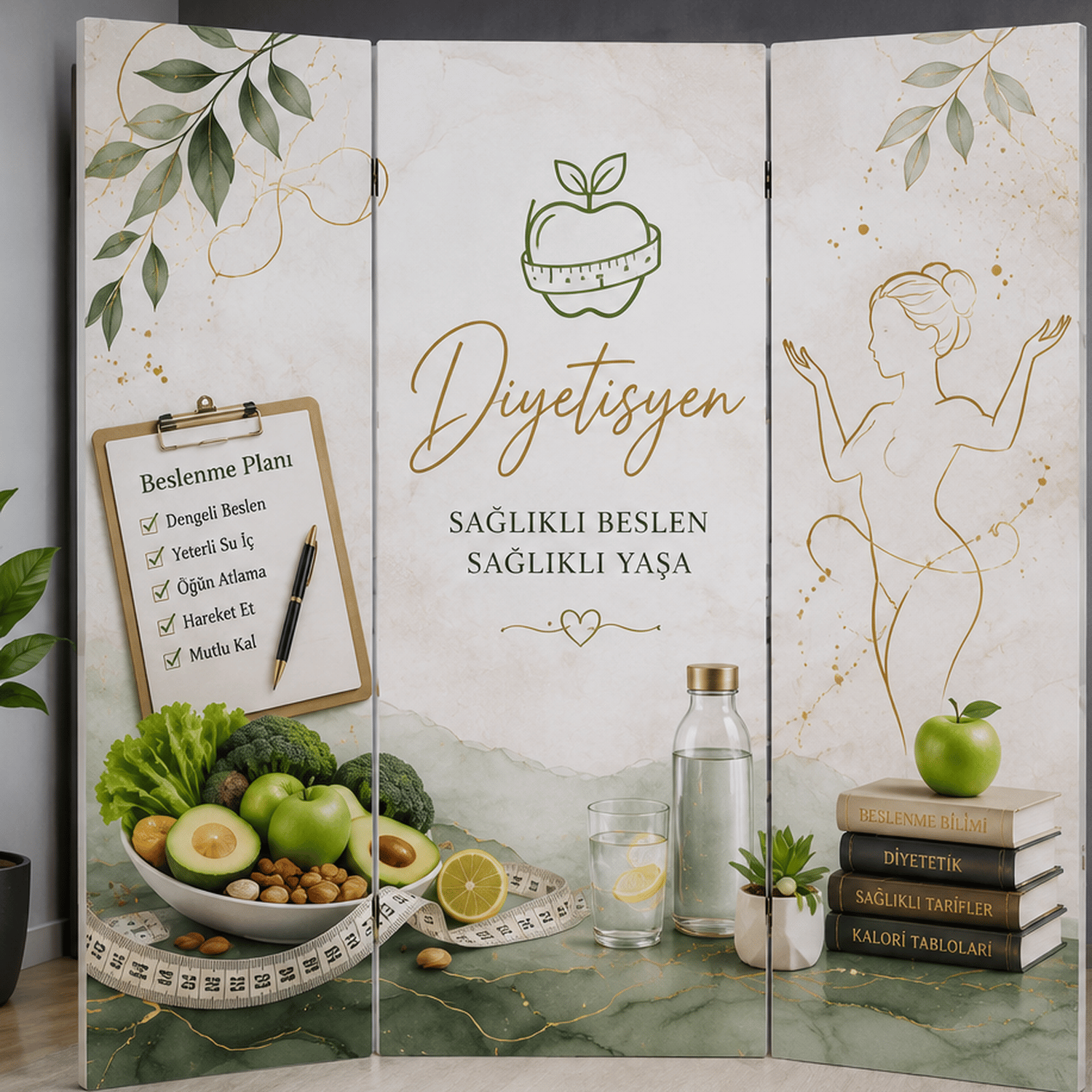 Diyetisyen Temalı Dekoratif Paravan – Sağlıklı Beslenme ve Wellness Oda Bölücü