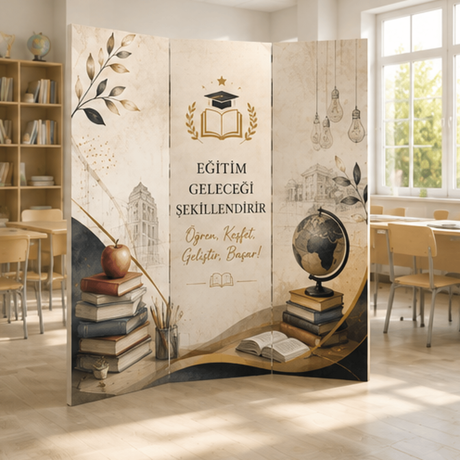Eğitim Temalı Dekoratif Paravan – Okul, Kurs ve Eğitim Kurumları İçin Oda Bölücü