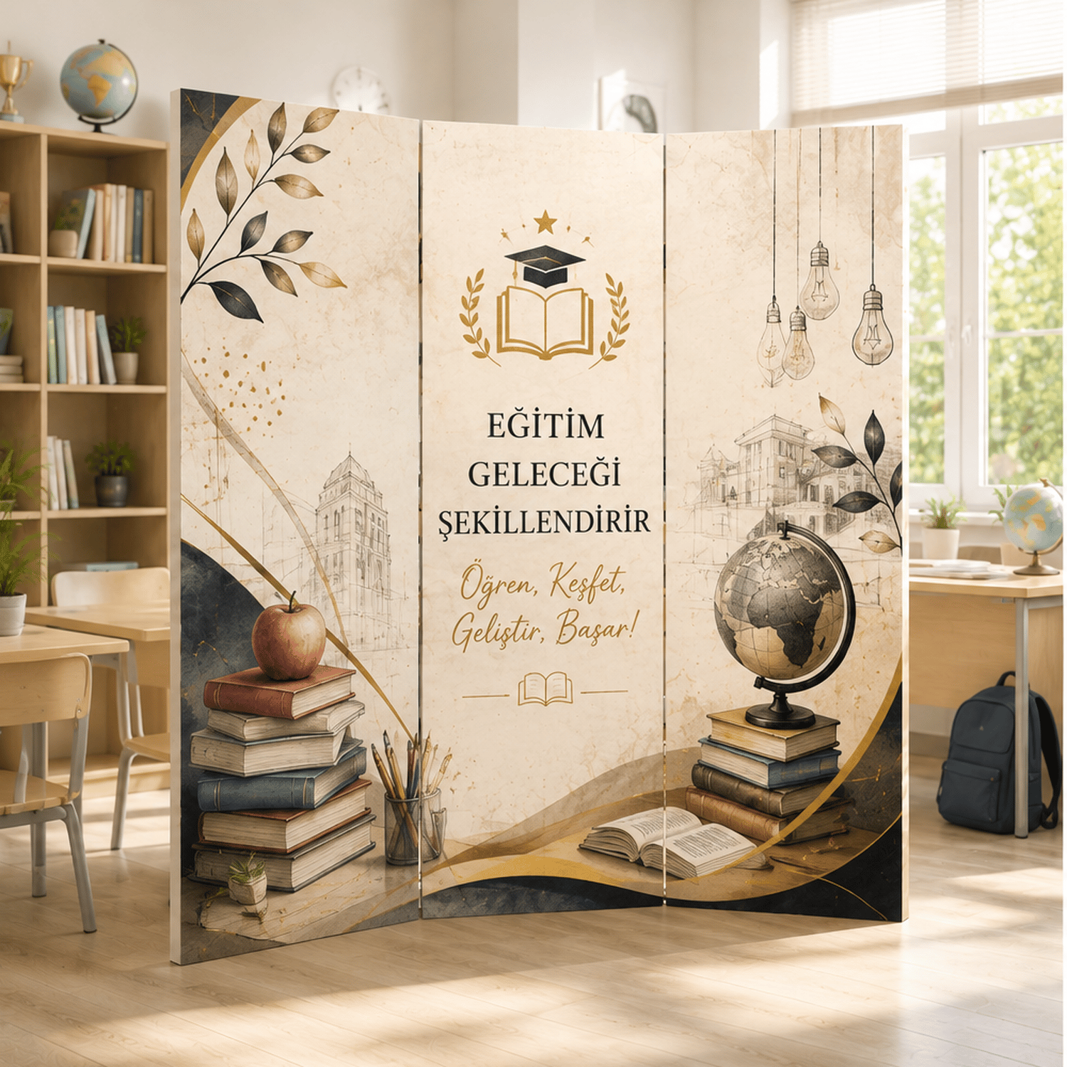 Eğitim Temalı Dekoratif Paravan – Okul, Kurs ve Eğitim Kurumları İçin Oda Bölücü