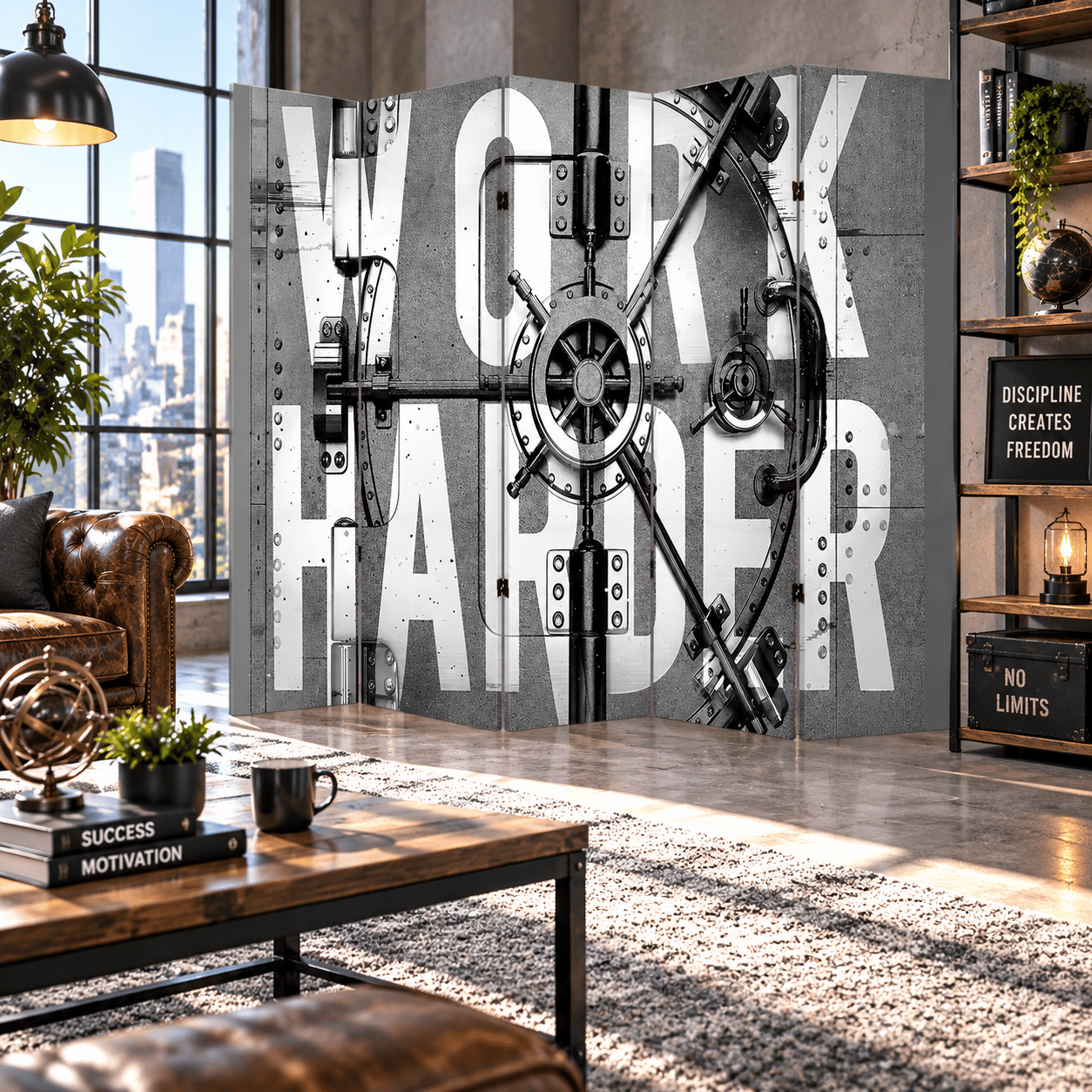 Endüstriyel Kasa Temalı Dekoratif Paravan – Work Harder Tasarımlı Oda Bölücü