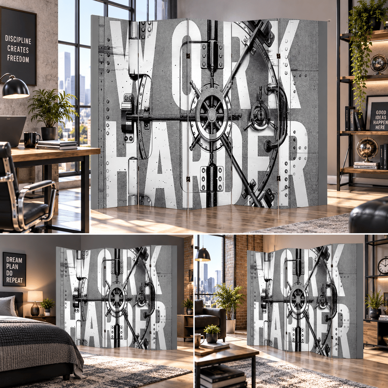Endüstriyel Kasa Temalı Dekoratif Paravan – Work Harder Tasarımlı Oda Bölücü