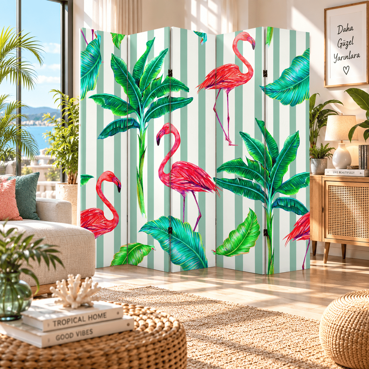 Flamingo ve Tropikal Yaprak Desenli Dekoratif Paravan