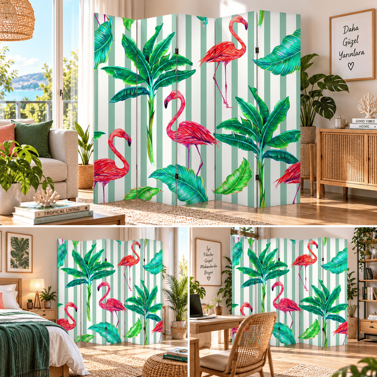 Flamingo ve Tropikal Yaprak Desenli Dekoratif Paravan