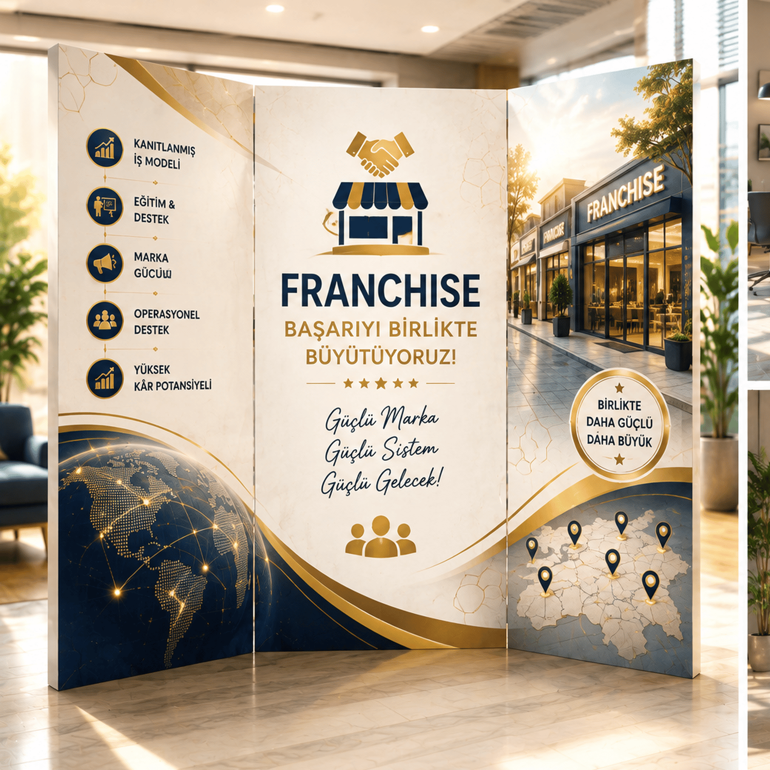 Franchise İşletmeler Temalı Dekoratif Paravan – Kurumsal Oda Bölücü ve Seperatör