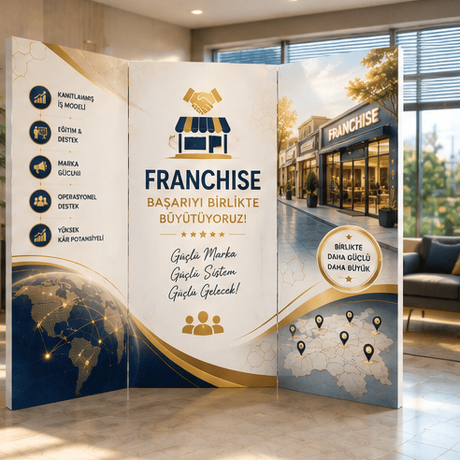 Franchise İşletmeler Temalı Dekoratif Paravan – Kurumsal Oda Bölücü ve Seperatör