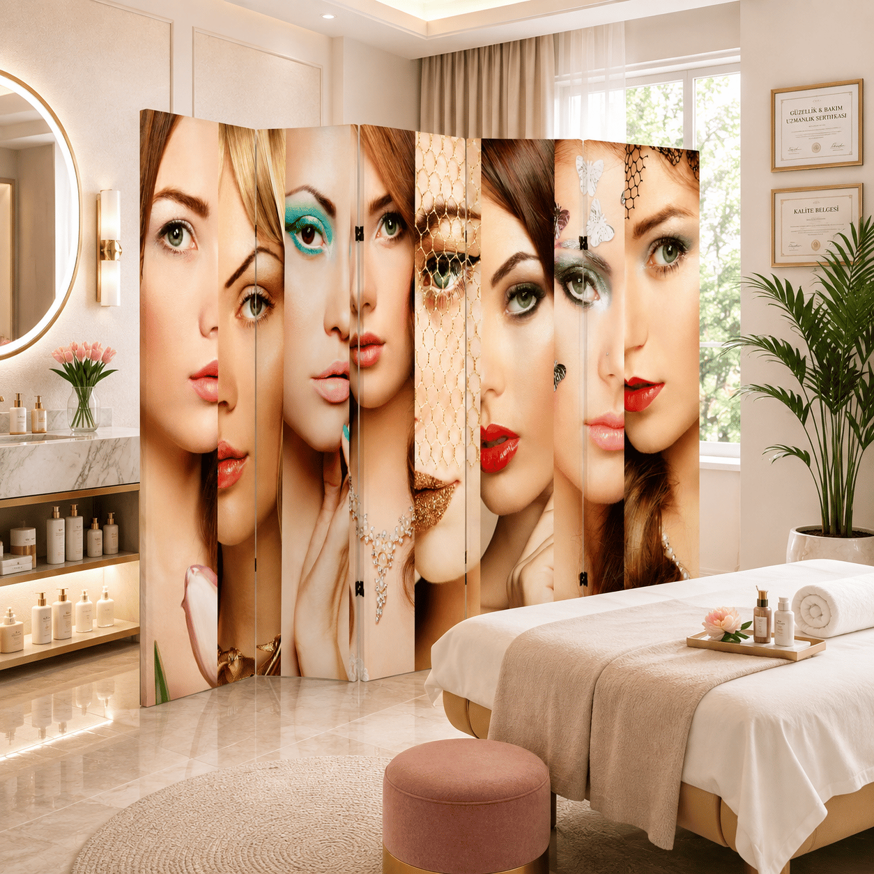 Güzellik ve Makyaj Temalı Dekoratif Paravan – Beauty Salon Oda Bölücü