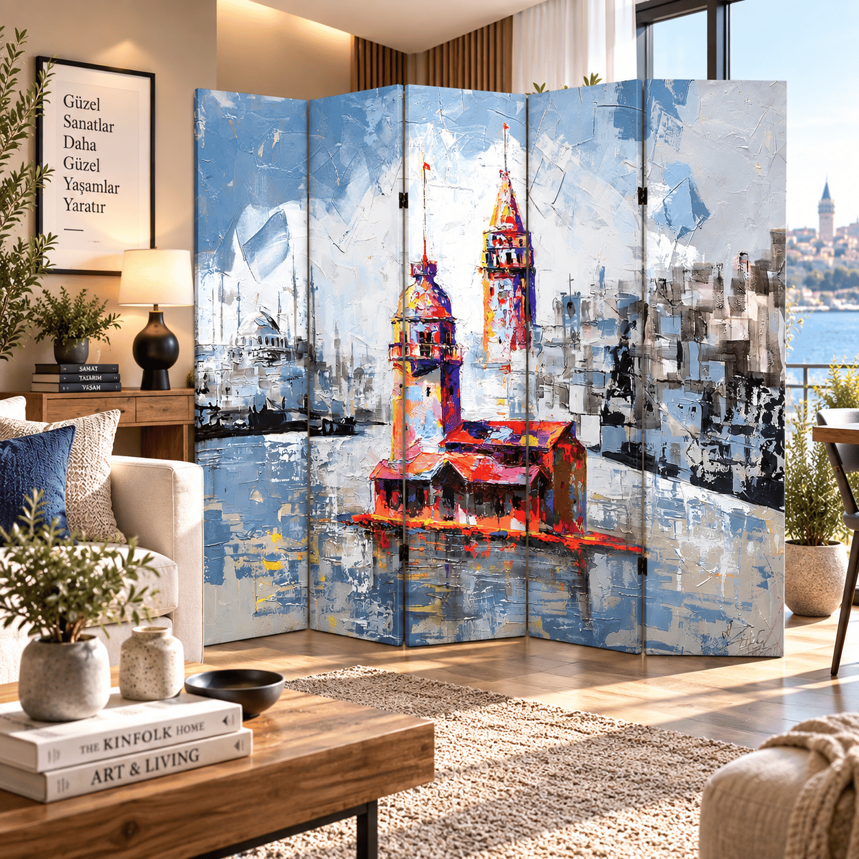İstanbul Kız Kulesi ve Galata Kulesi Temalı Sanatsal Dekoratif Paravan