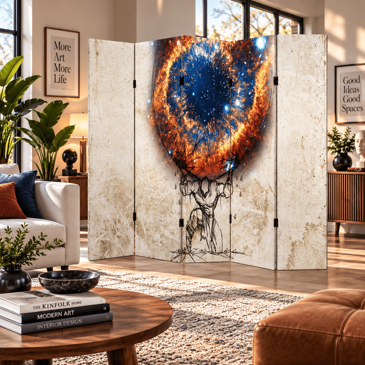 Kozmik Güç ve Atlas Temalı Dekoratif Paravan – Modern Sanat Oda Bölücü