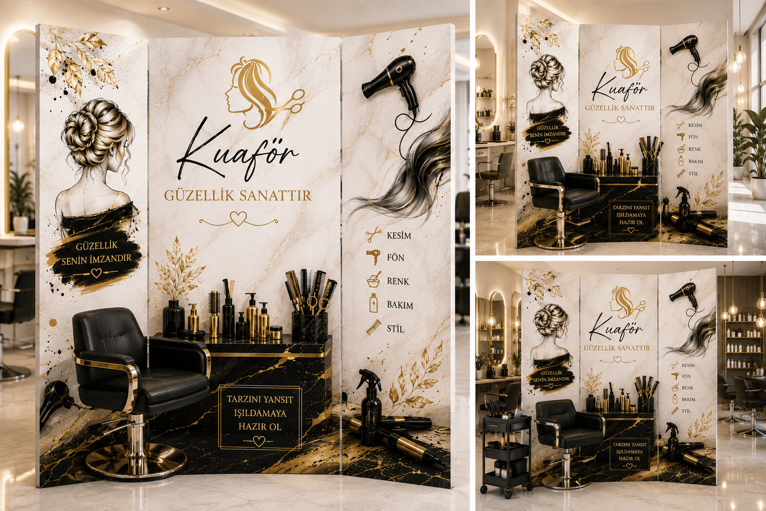 Kuaför Temalı Dekoratif Paravan – Saç Tasarım ve Güzellik Salonu Oda Bölücü