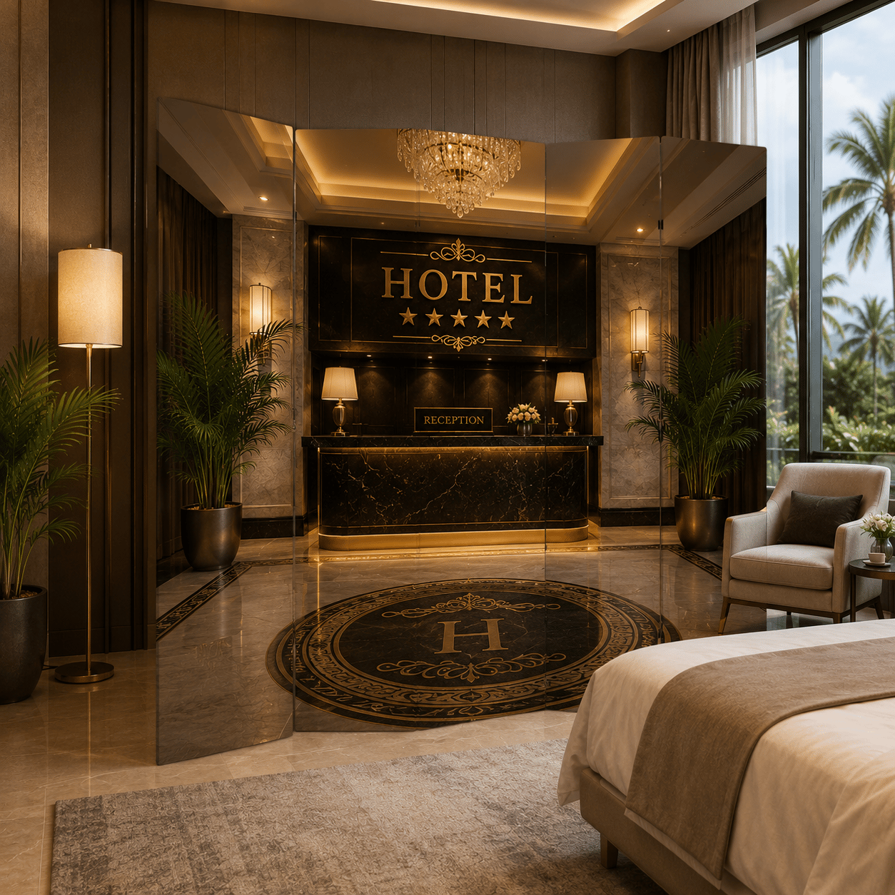 Luxury Hotel Reception Dekoratif Paravan – Otel Lobisi Temalı Oda Bölücü