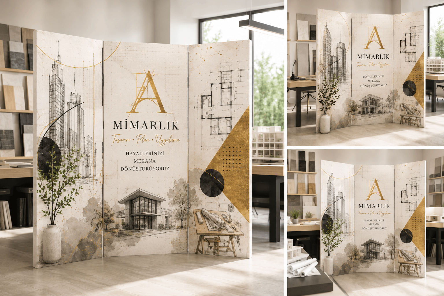 Mimarlık Temalı Dekoratif Paravan – Mimarlık Ofisi ve Tasarım Stüdyosu Oda Bölücü