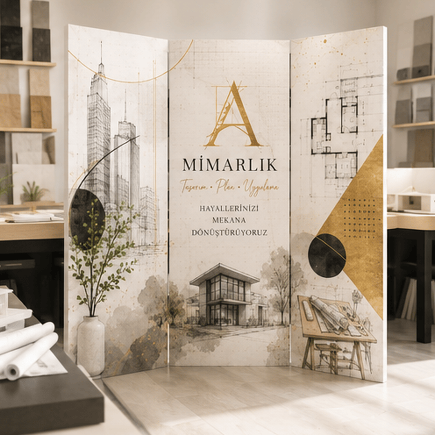 Mimarlık Temalı Dekoratif Paravan – Mimarlık Ofisi ve Tasarım Stüdyosu Oda Bölücü