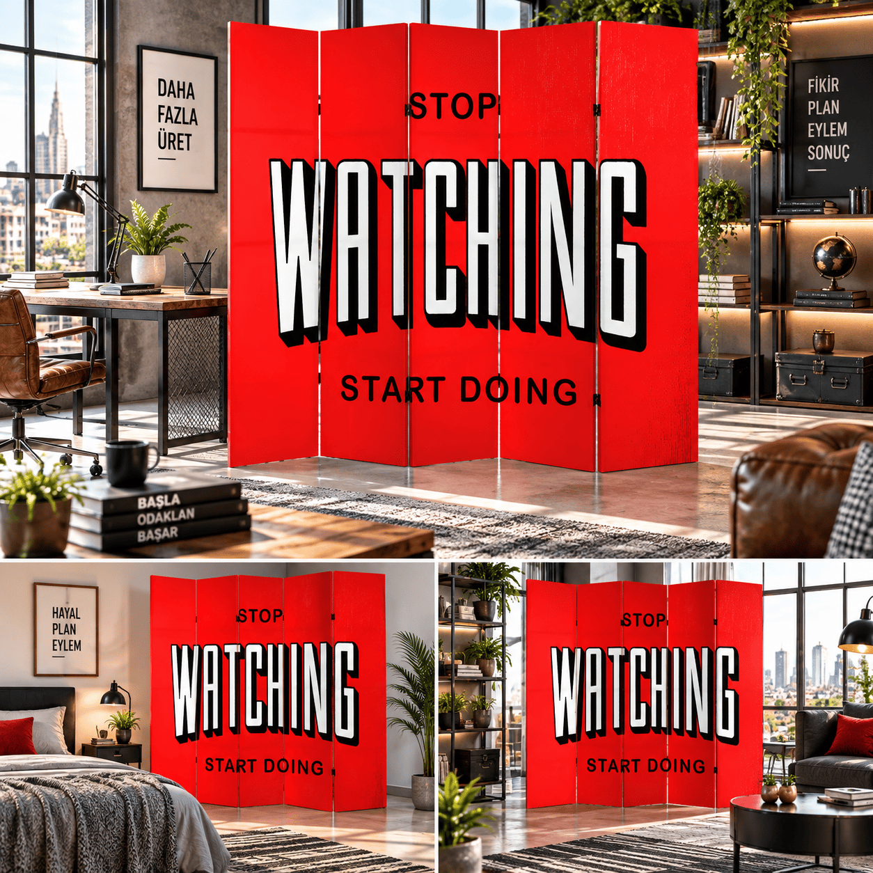Motivasyon Yazılı Kırmızı Dekoratif Paravan – Stop Watching Start Doing