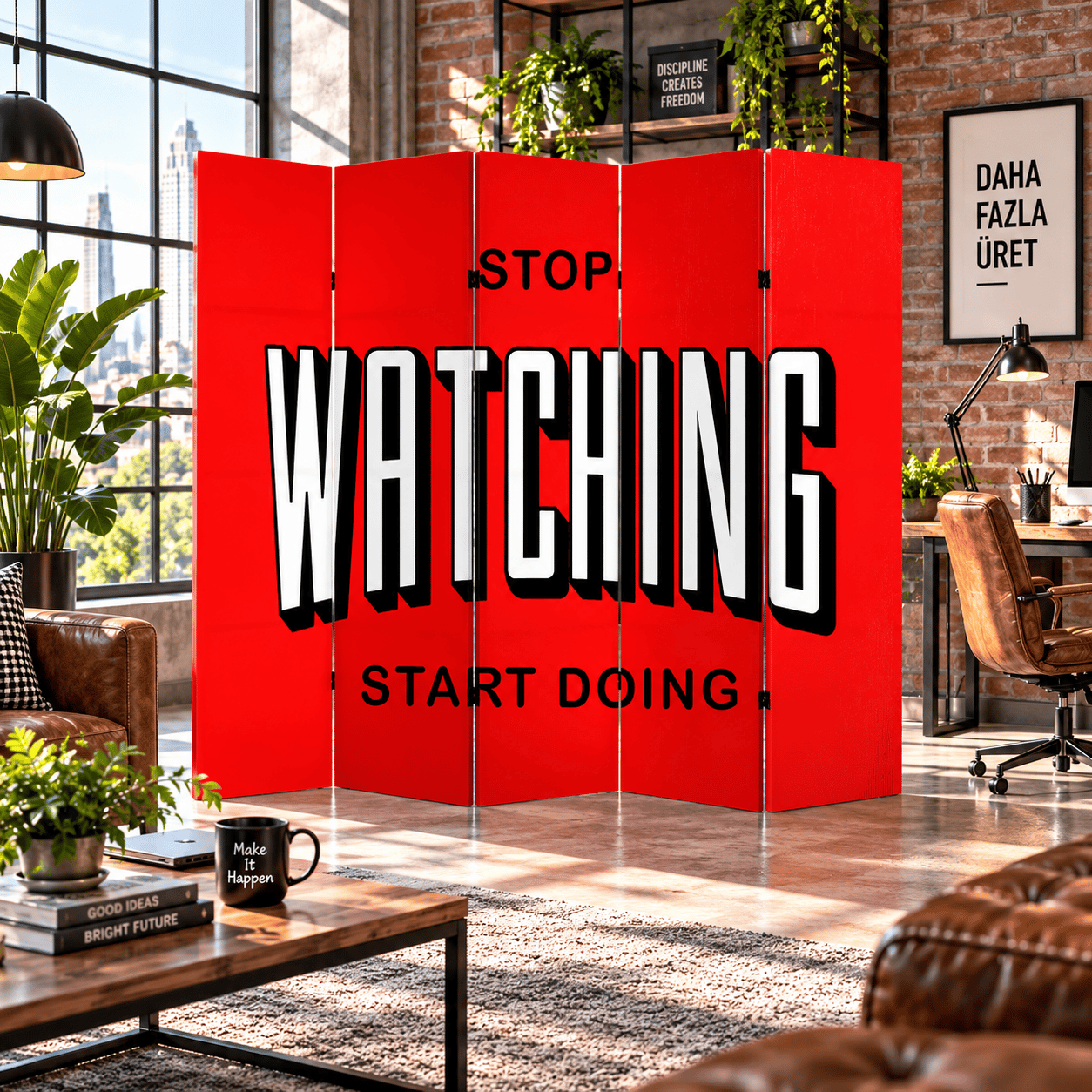 Motivasyon Yazılı Kırmızı Dekoratif Paravan – Stop Watching Start Doing