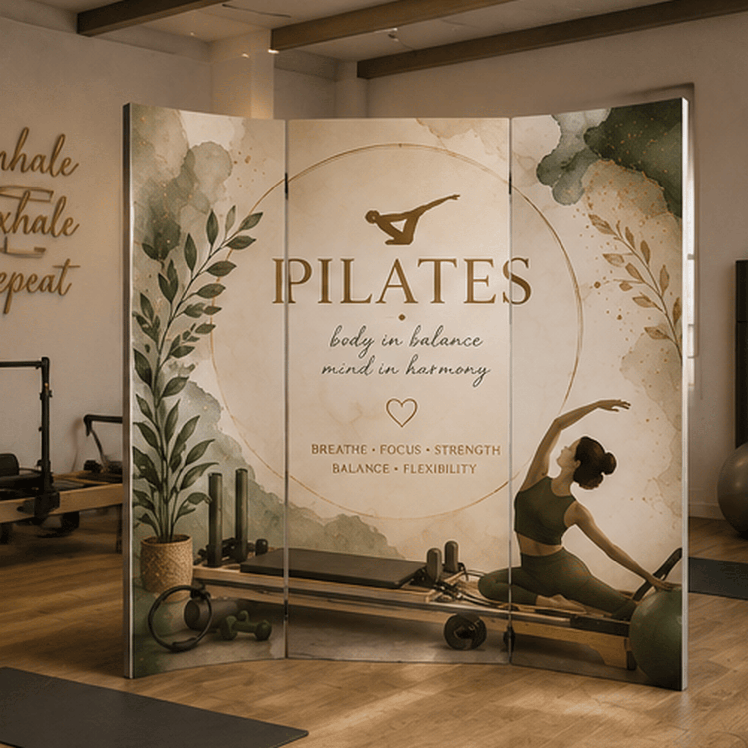 Pilates Temalı Dekoratif Paravan – Pilates Stüdyosu ve Spor Alanları İçin Oda Bölücü
