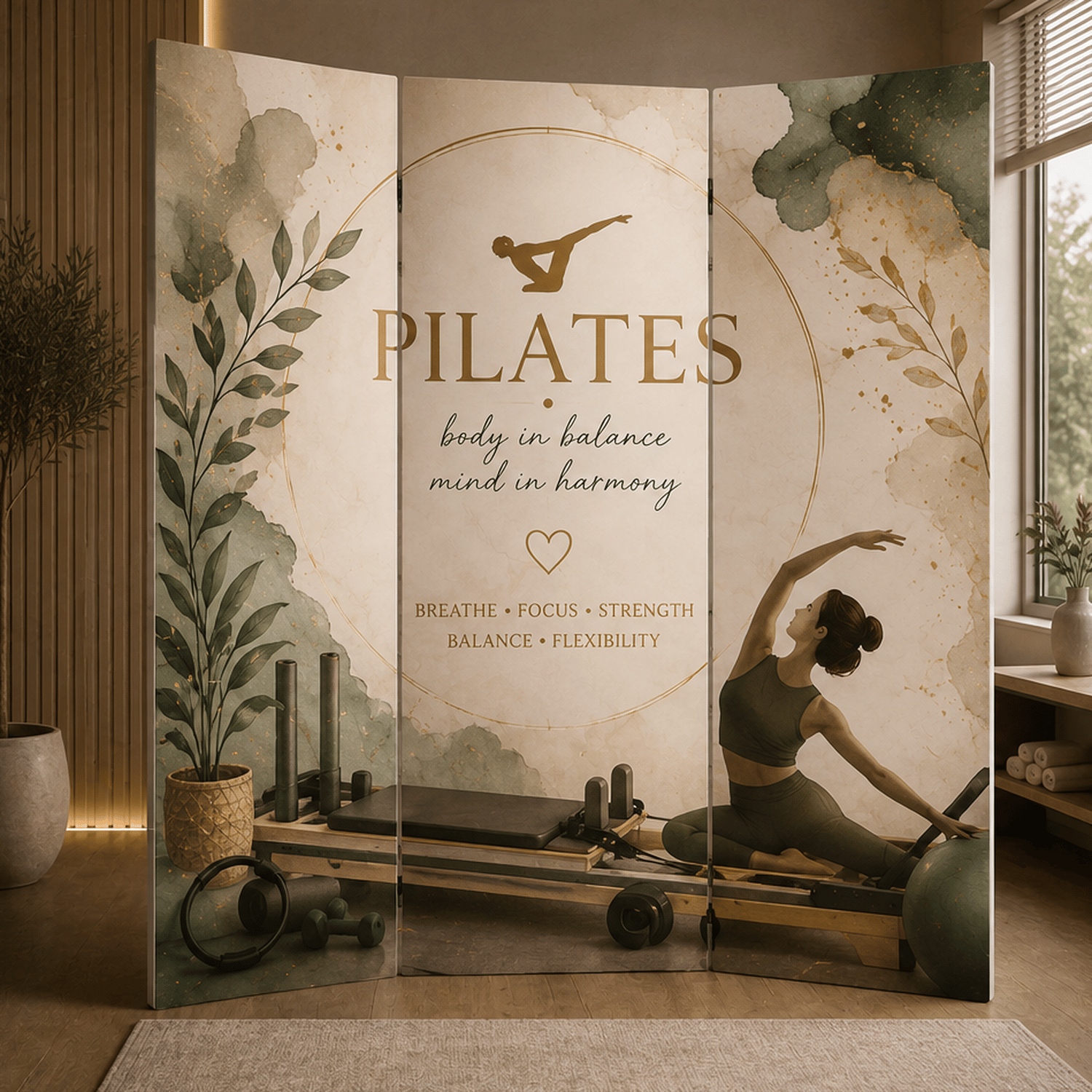 Pilates Temalı Dekoratif Paravan – Pilates Stüdyosu ve Spor Alanları İçin Oda Bölücü