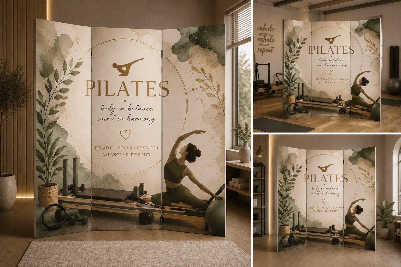 Pilates Temalı Dekoratif Paravan – Pilates Stüdyosu ve Spor Alanları İçin Oda Bölücü