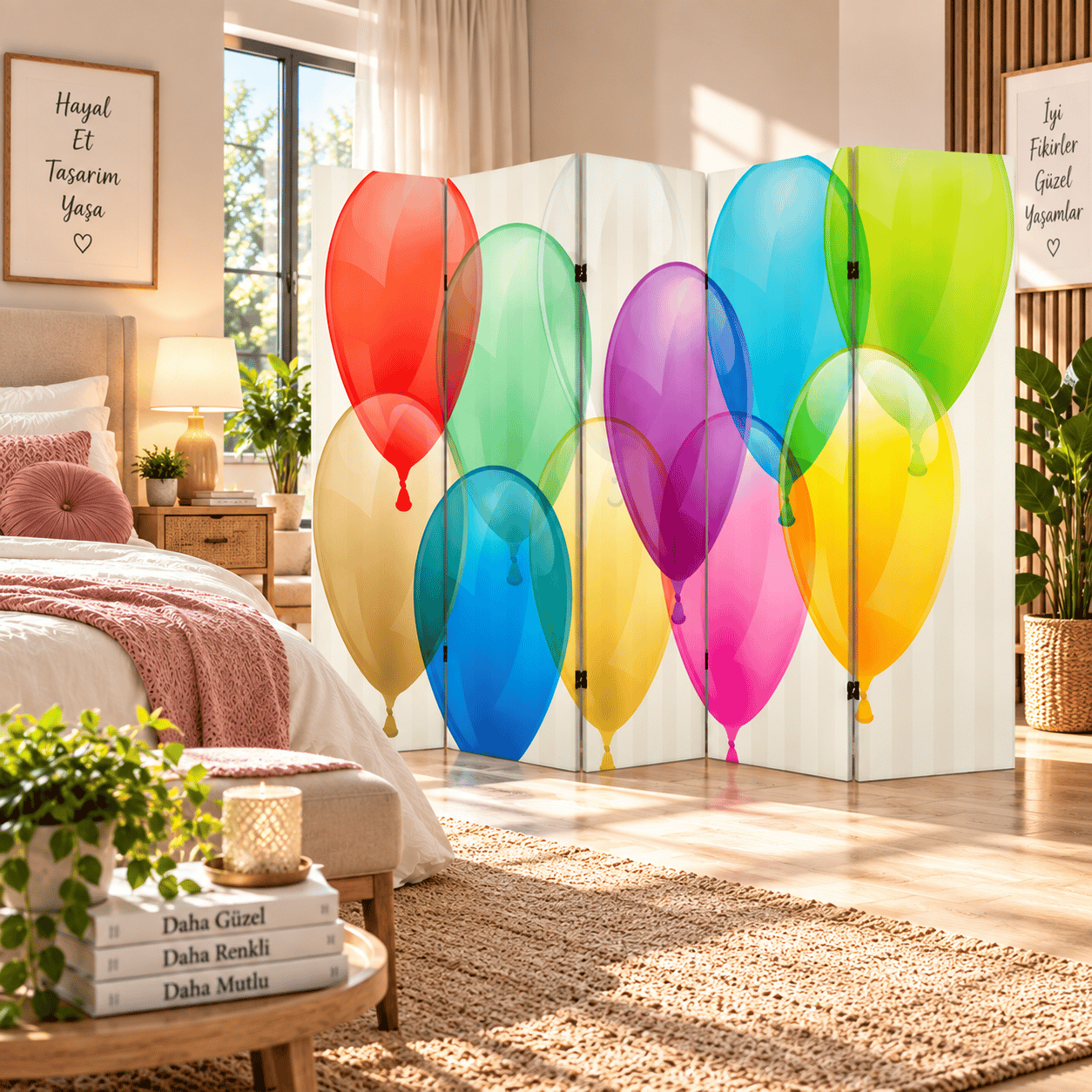 Renkli Balon Desenli Dekoratif Paravan