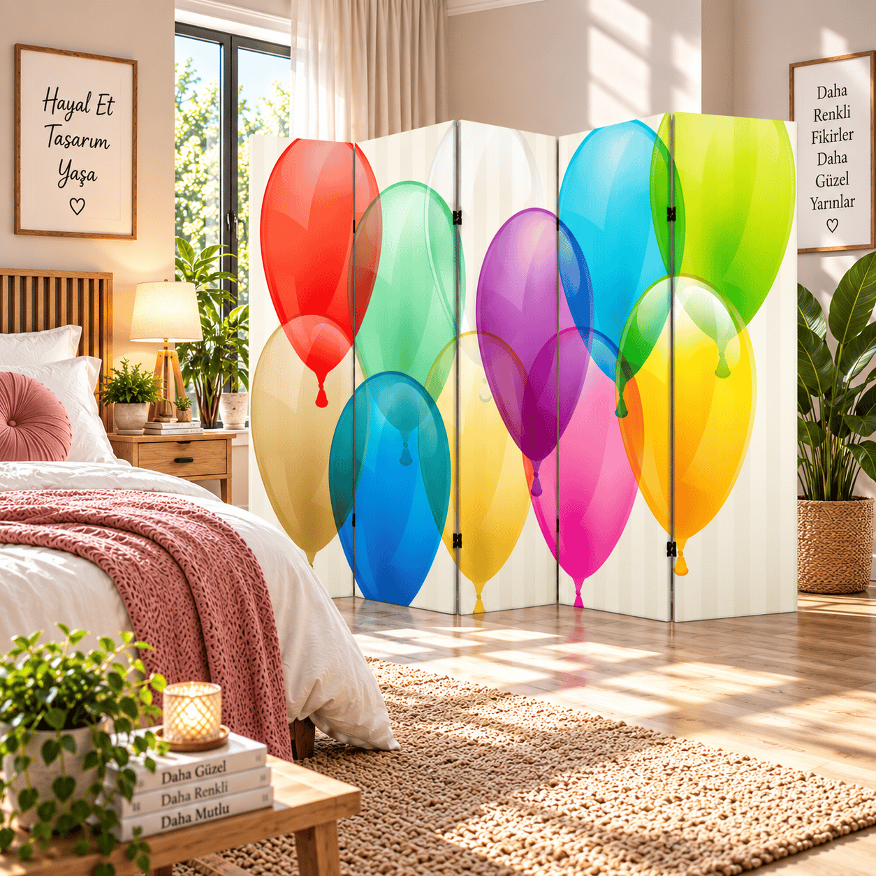Renkli Balon Desenli Dekoratif Paravan