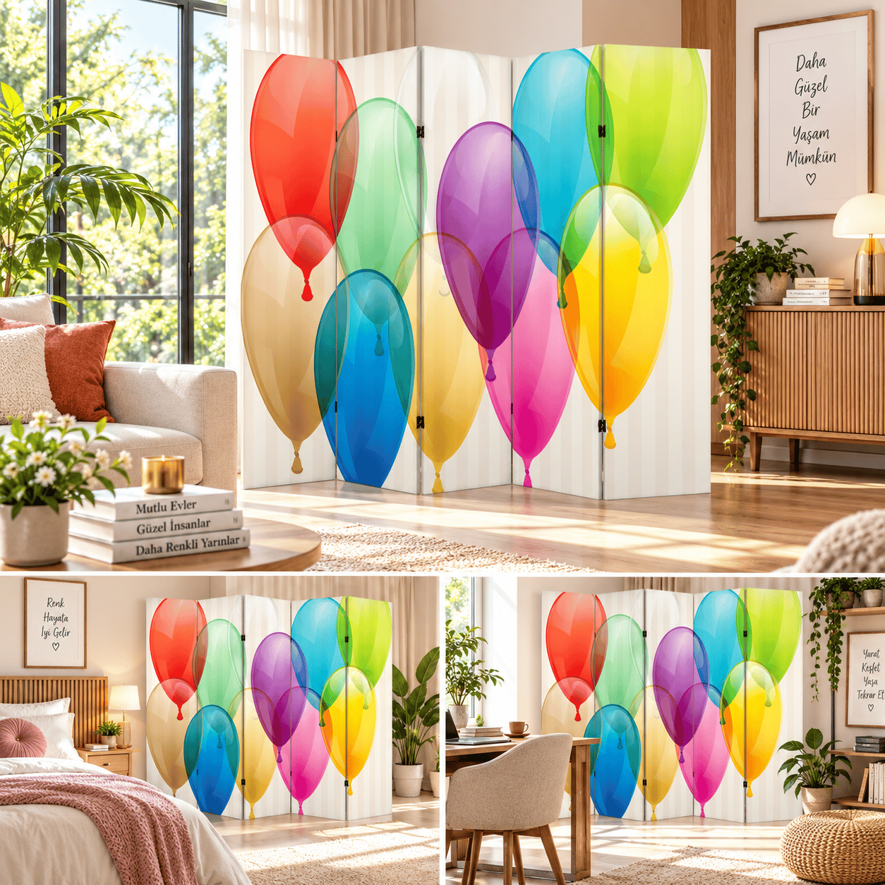 Renkli Balon Desenli Dekoratif Paravan