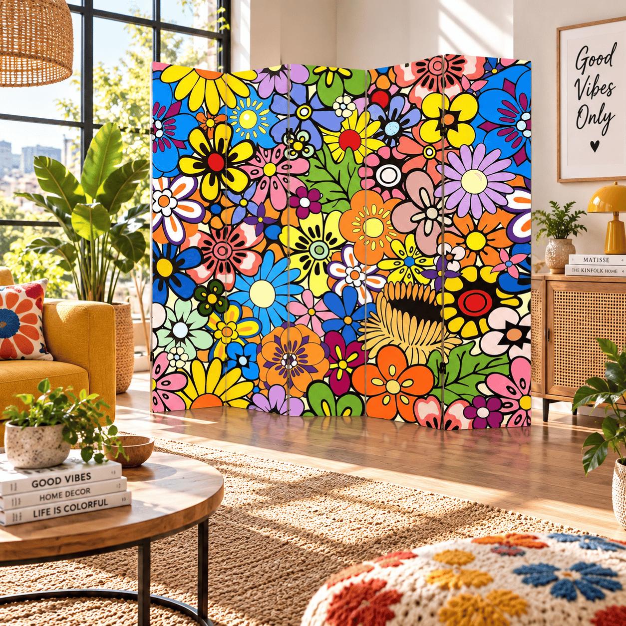 Renkli Retro Çiçek Desenli Dekoratif Paravan – Pop Art Oda Bölücü