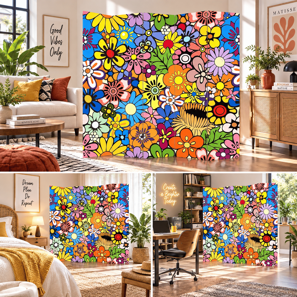 Renkli Retro Çiçek Desenli Dekoratif Paravan – Pop Art Oda Bölücü