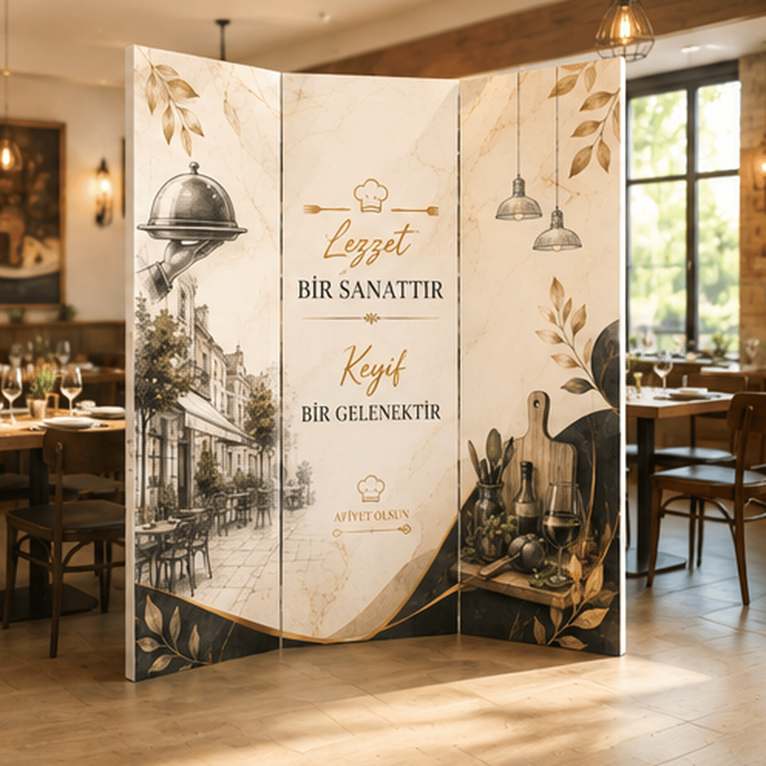 Restoran Temalı Dekoratif Paravan – Şık ve Modern Mekân Bölücü