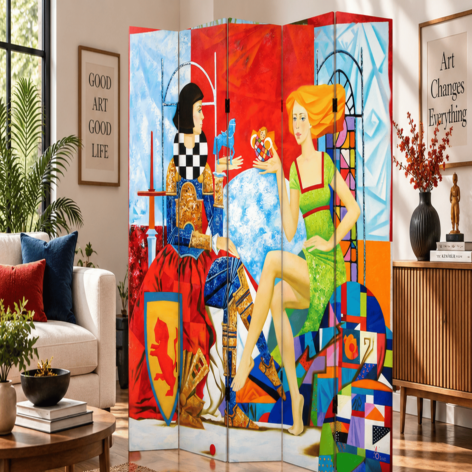 Sanatsal Figürler ve Geometrik Desenli Dekoratif Paravan – Modern Art Oda Bölücü