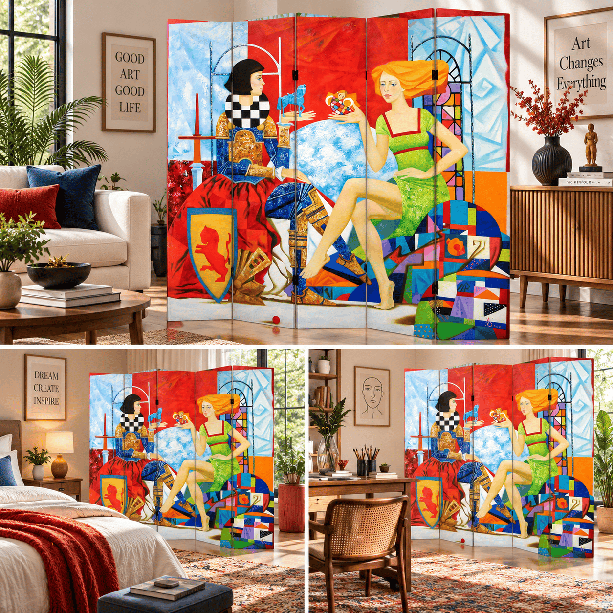Sanatsal Figürler ve Geometrik Desenli Dekoratif Paravan – Modern Art Oda Bölücü