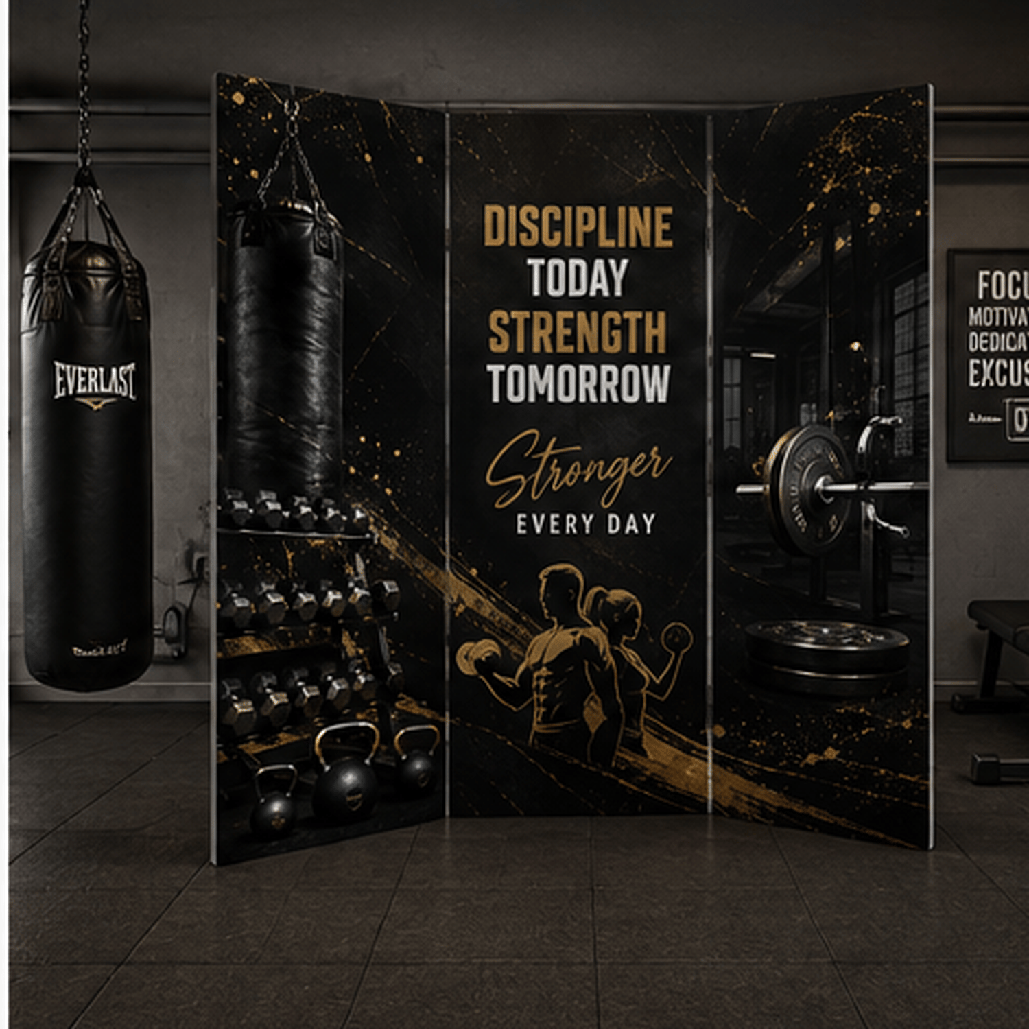 Spor Salonu Temalı Dekoratif Paravan – Fitness ve Motivasyon Tasarımlı Oda Bölücü