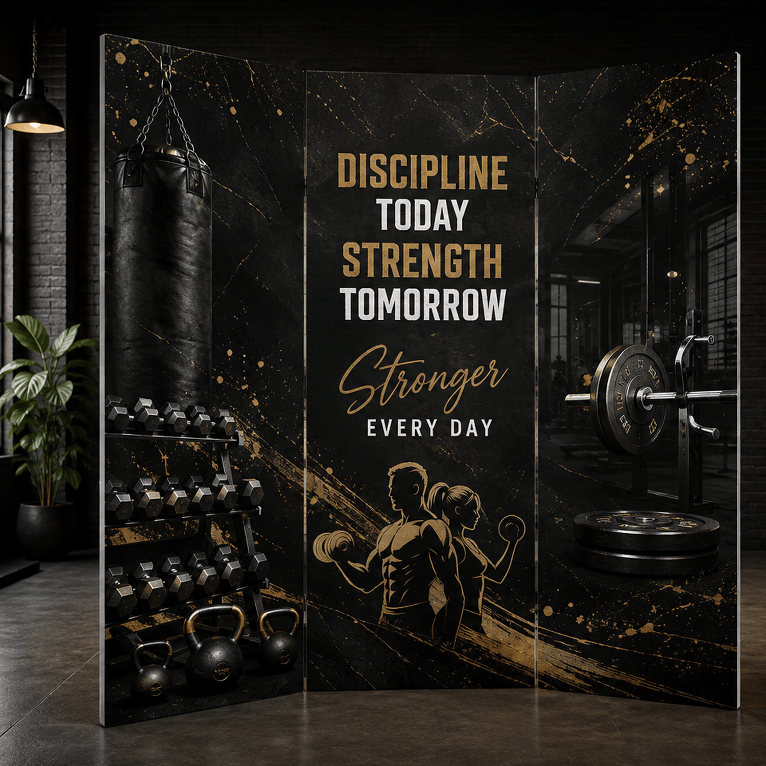 Spor Salonu Temalı Dekoratif Paravan – Fitness ve Motivasyon Tasarımlı Oda Bölücü