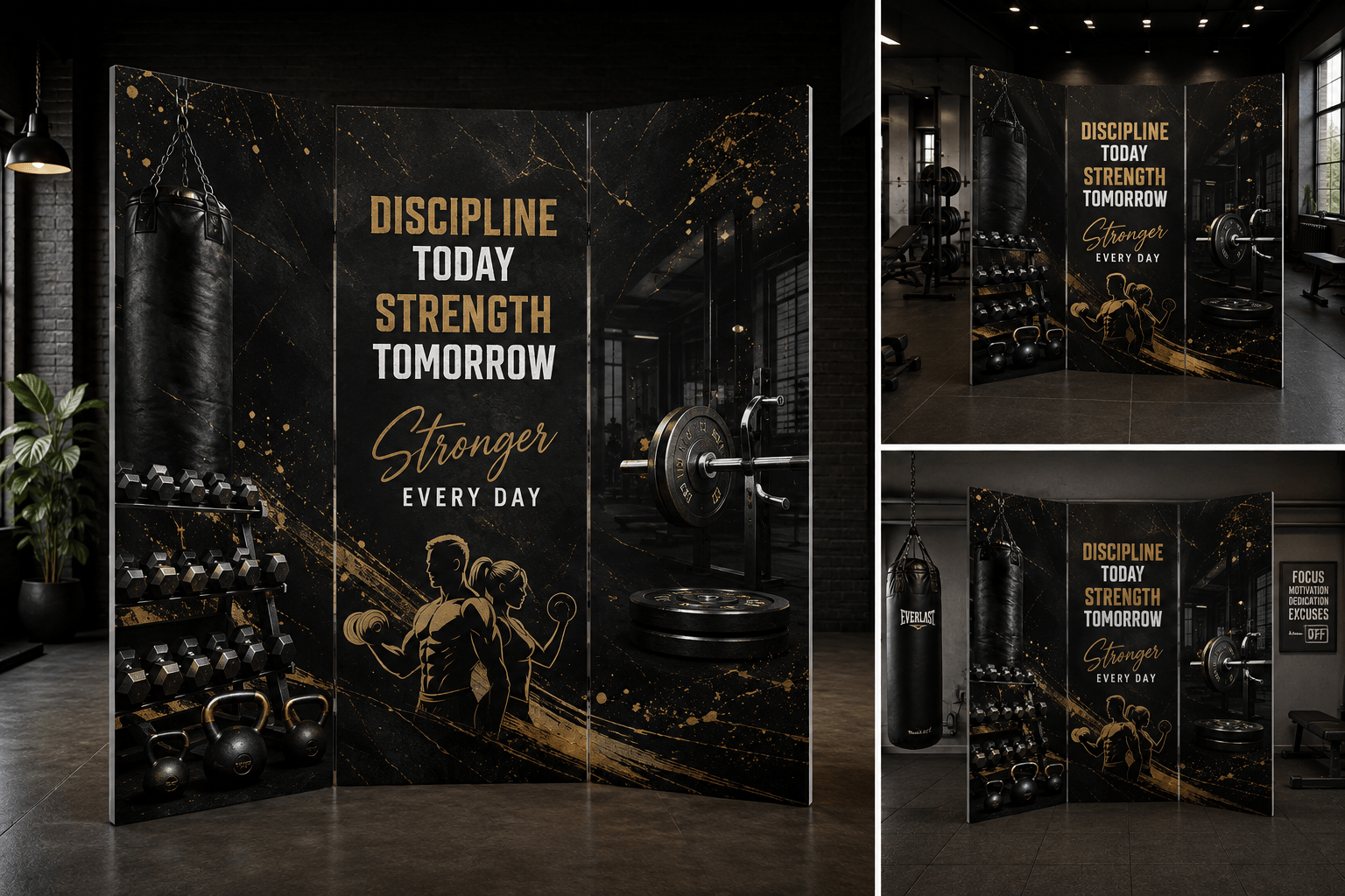 Spor Salonu Temalı Dekoratif Paravan – Fitness ve Motivasyon Tasarımlı Oda Bölücü