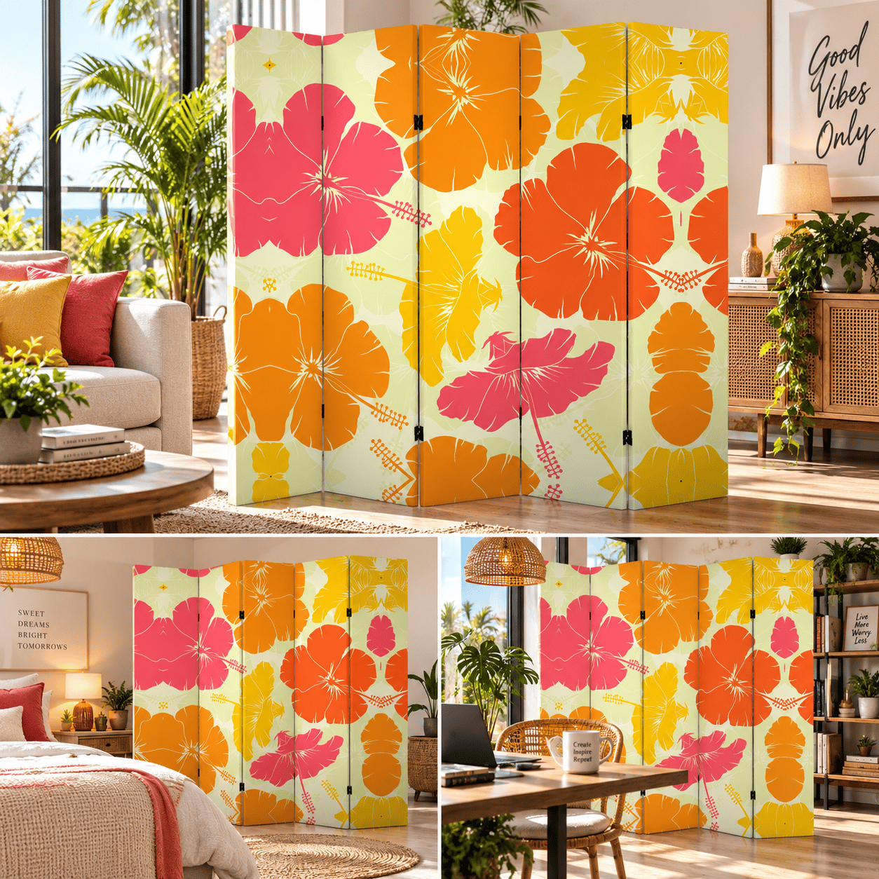 Tropikal Hibiskus Çiçek Desenli Dekoratif Paravan – Renkli Oda Bölücü