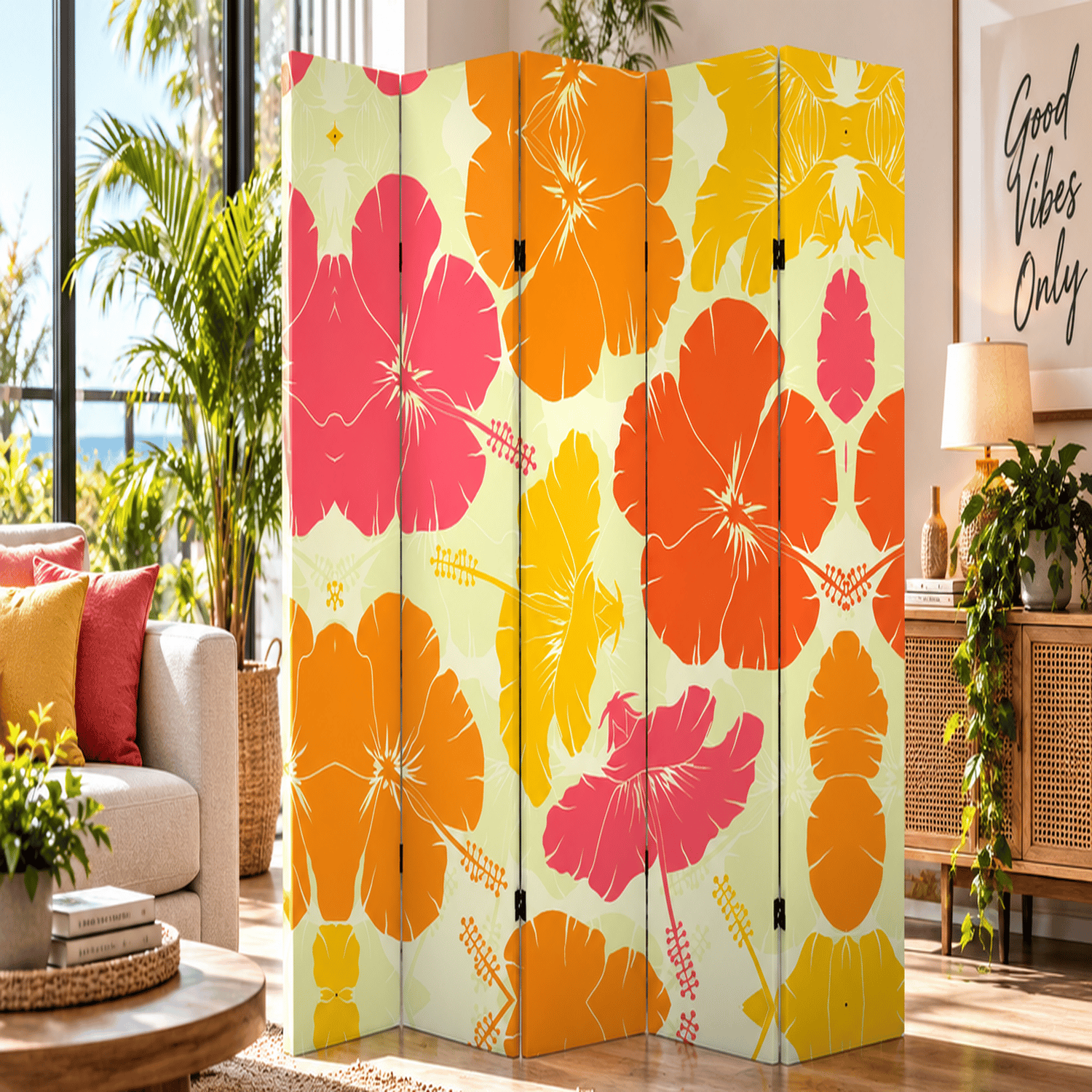 Tropikal Hibiskus Çiçek Desenli Dekoratif Paravan – Renkli Oda Bölücü