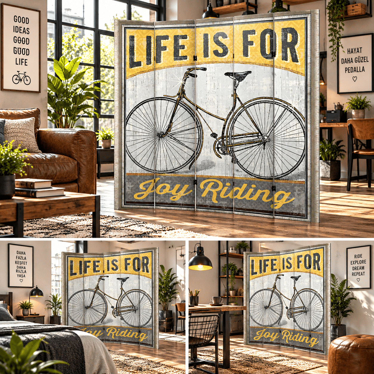 Vintage Bisiklet Temalı Dekoratif Paravan – Life Is For Joy Riding