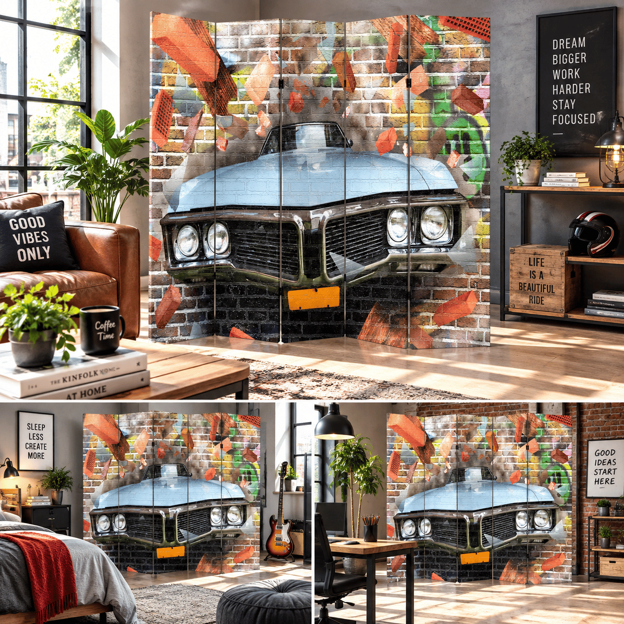 Vintage Otomobil ve Graffiti Temalı Dekoratif Paravan