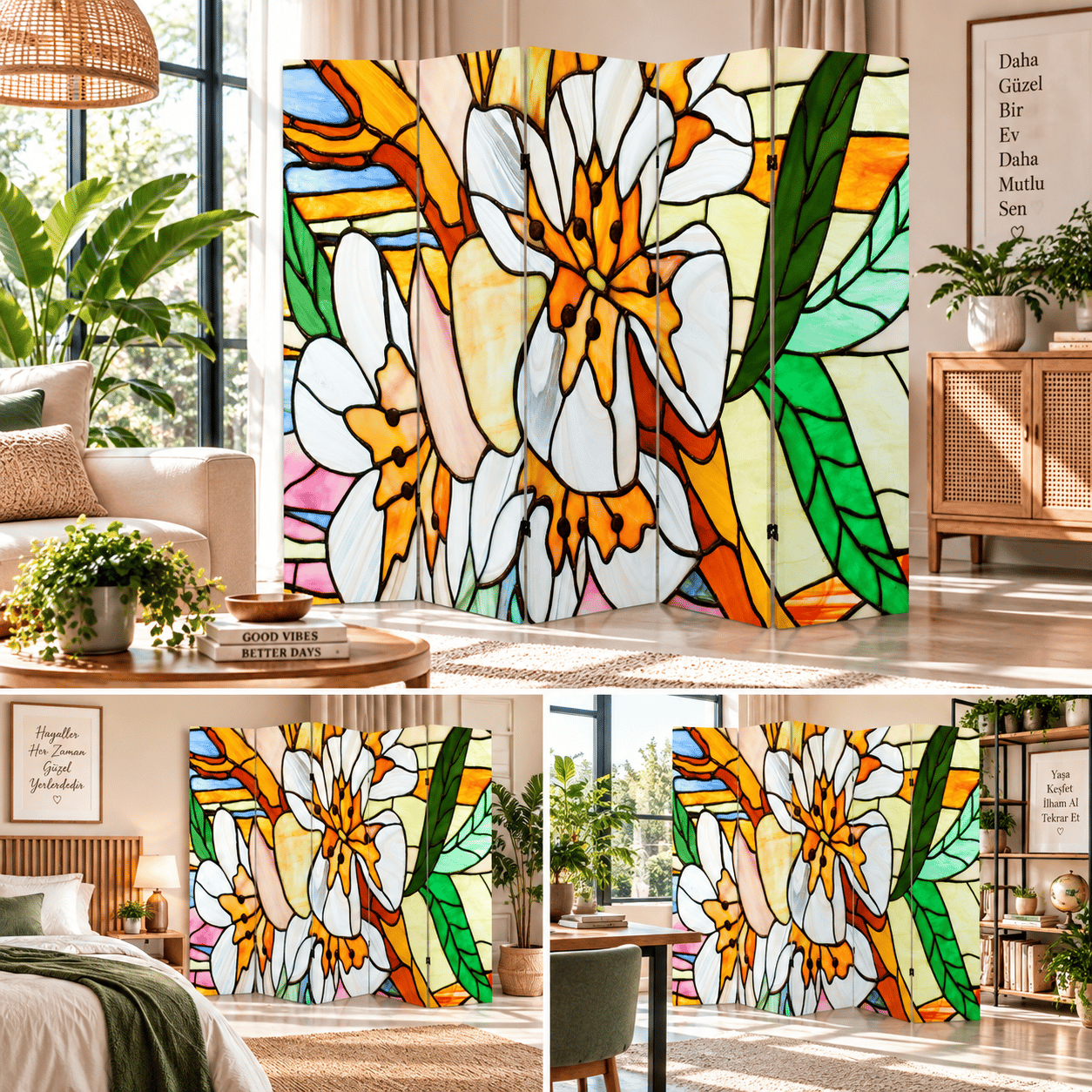 Vitray Çiçek Desenli Dekoratif Paravan